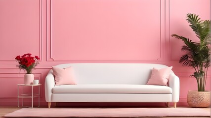 Valentine's Day mockup frame featuring a white sofa set against a pink wall.