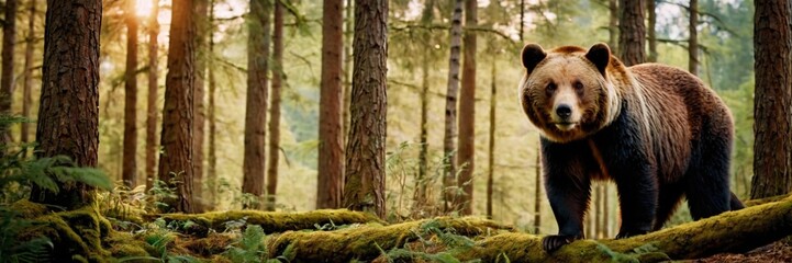 Obraz premium Brown bear in the woods, big wild animal in the lush green forest. walking and sitting in the jungle. made with generative AI technology. 