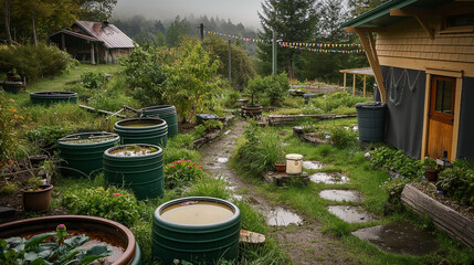 Fototapeta premium Rustic backyard rainwater harvesting system, sustainable living garden concept.