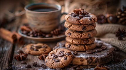 Obraz na płótnie Canvas Cookies au goût chocolat-café empilés sur rondin de bois