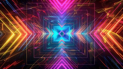 rainbow colored glowing neon square in the center, surrounded by many colorful lines that form an intricate pattern of shapes and designs on black background