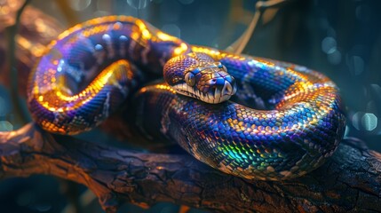 Rainbow boa constrictor with shimmering scales coiled on branch under dramatic lighting - obrazy, fototapety, plakaty