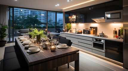 kitchen 007 
interior of modern kitchen with black and white furniture and dining table
