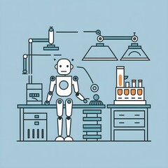 AI Innovation Lab: Flat Design Illustration of Robot in Laboratory