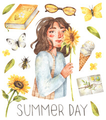 Girl with sunflower. Summer watercolor decorative elements - butterfly, ice cream, sunglasses isolated on white background. Yellow hand-drawn set for greeting card design