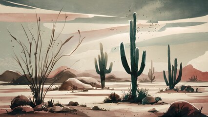 Desert Resilience: Sustainable Watercolor Art - obrazy, fototapety, plakaty
