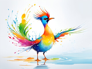 Obraz premium A bird composed of colored particles and lines, bird of paradise posing in various postures in colorful water, and an abstract painting composed of colored line backgrounds