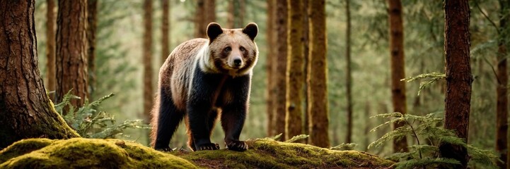 Obraz premium Brown bear in the woods, big wild animal in the lush green forest. walking and sitting in the jungle. made with generative AI technology. 