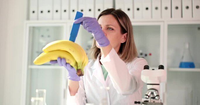 The scientist holds a yellow banana, close-up. Laboratory examination of fruit on nitrates, slowmotion