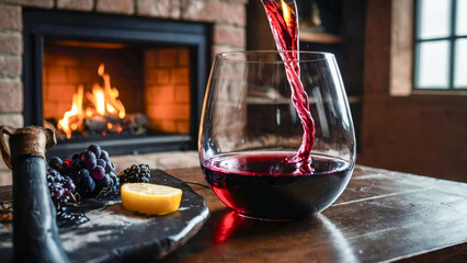 wine in a wine glass by an elegant fireplace in the evening on a date. Concept of romantic and love. - obrazy, fototapety, plakaty
