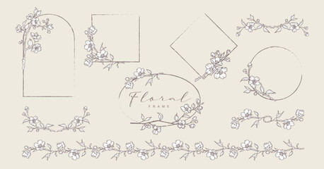 Hand drawn floral frames with blooming branches and flowers. Elegant vector botanical borders, wreaths and dividers, decor set for wedding invitation, card, design, logo, branding, packaging - obrazy, fototapety, plakaty