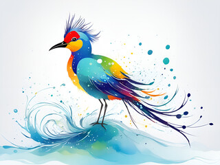 A bird composed of colored particles and lines,   bird of paradise posing in various postures in colorful water, and an abstract painting composed of colored line backgrounds