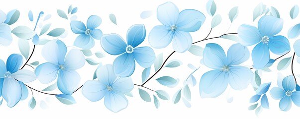 Fototapeta na wymiar Sky Blue flower petals and leaves on white background seamless watercolor pattern spring floral backdrop 
