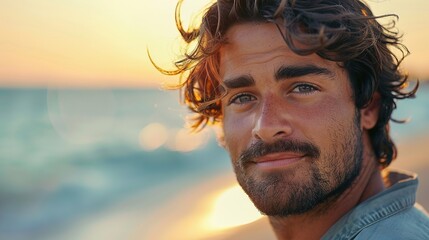 portrait of a handsome male face against the backdrop of south beach - obrazy, fototapety, plakaty