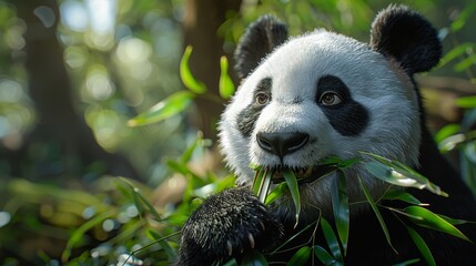 Detailed closeup of giant panda eating bamboo in sichuan forest with realistic fur texture