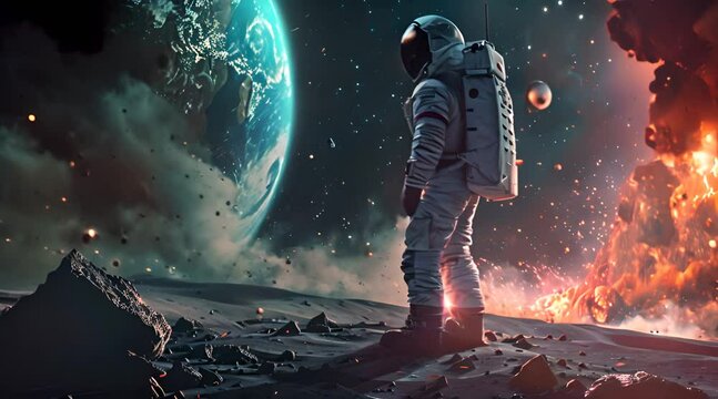 astronaut standing in space looking at a planet