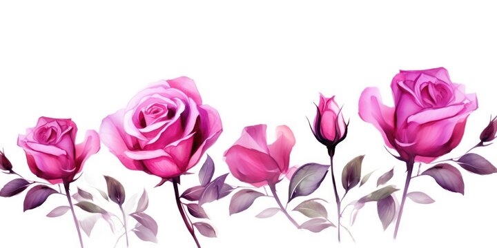Magenta roses watercolor clipart on white background, defined edges floral flower pattern background with copy space for design text or photo backdrop minimalistic 