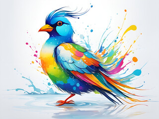 A bird composed of colored particles and lines,   bird of paradise posing in various postures in colorful water, and an abstract painting composed of colored line backgrounds