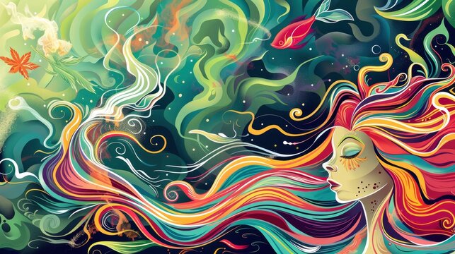 smoking weed, cartoon mermaid with long colorful hair, illustration, colorful background