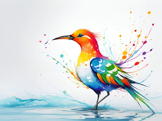 Obraz premium A bird composed of colored particles and lines, bird of paradise posing in various postures in colorful water, and an abstract painting composed of colored line backgrounds