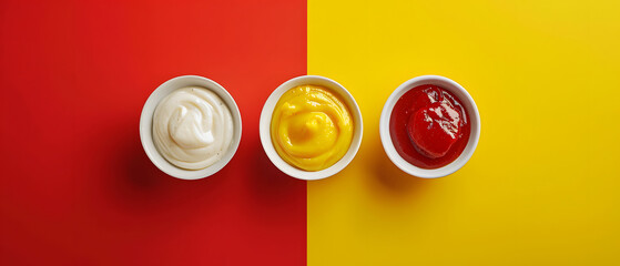 Colorful Culinary Trio: A Trio of Sauces—Ketchup, Mustard, and Mayonnaise—in Ramekins, Set Amidst a Playful Red and Yellow Background, Celebrating the Diversity of Condiments in Gourmet Dining