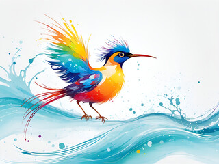 A bird composed of colored particles and lines,   bird of paradise posing in various postures in colorful water, and an abstract painting composed of colored line backgrounds