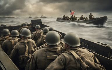 Rear view of 1944 American soldiers in a Landing Craft boat during D-Day, under artillery fire