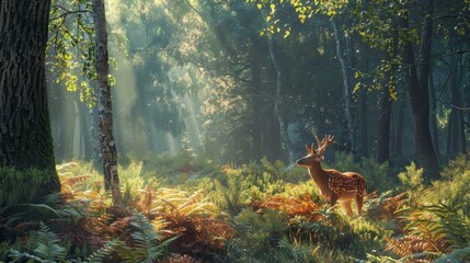 Captivating forest  deer among ferns at dawn, detailed textures, rich colors, wildlife habitat - obrazy, fototapety, plakaty