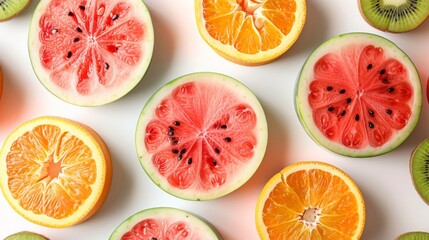 Flat lay of fresh, colorful fruit slices including watermelon, kiwi, orange, and grapefruit on a...