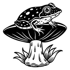 frog on a mushroom, black frog face silhouette vector illustration,icon,svg,frog mushroom cap characters,Holiday t shirt,Hand drawn trendy Vector illustration,frog mushroom cap on black background