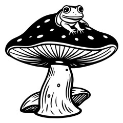 frog on a mushroom, black frog face silhouette vector illustration,icon,svg,frog mushroom cap characters,Holiday t shirt,Hand drawn trendy Vector illustration,frog mushroom cap on black background