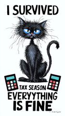 A whimsical and humorous cartoon depicts a skinny black cat with messy fur sticking out in various directions. comical message reads, "Tax Season Everything Is Fine" Generative AI