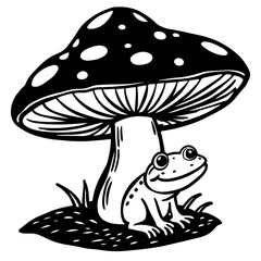 frog on a mushroom, black frog face silhouette vector illustration,icon,svg,frog mushroom cap characters,Holiday t shirt,Hand drawn trendy Vector illustration,frog mushroom cap on black background