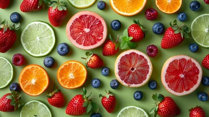 Assorted fresh fruits including oranges, grapefruits, strawberries, blueberries, and mint leaves arranged on a green background.