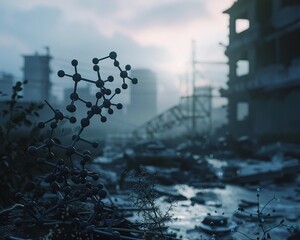 Biotech wasteland, molecular models scattered among ruins, cautionary tale of science, dusk setting. - obrazy, fototapety, plakaty