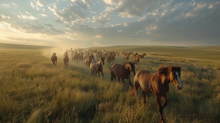 Dynamic wild horses galloping in high res grassland under dramatic cloudy sky, extreme detail - obrazy, fototapety, plakaty