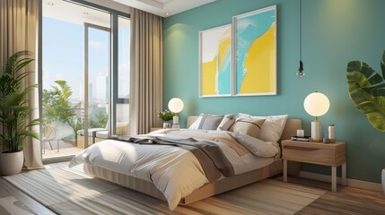 A Scandinavianstyle bedroom with an accent wall painted in a soft teal color, complemented by large windows and natural light that fill the space with golden sunlight