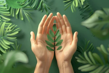 Poster 3d render of hands surrounding leaf against green background, 3D render, 3DCG, super detailed © Jammy
