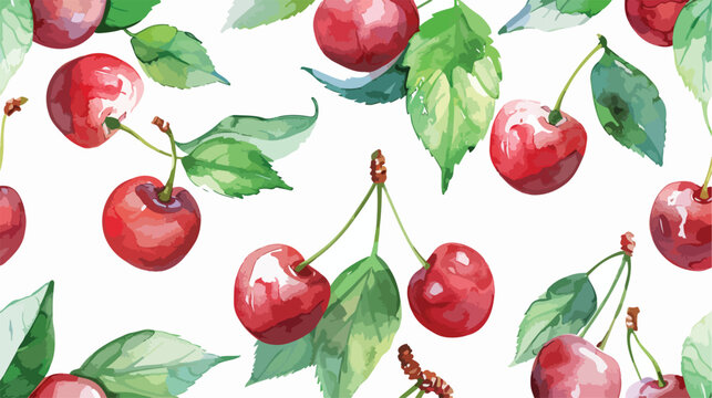 Seamless pattern with ripe cherry and green leaves.