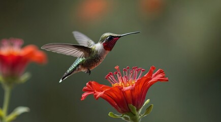 Naklejka premium A hummingbird gracefully hovers near a vibrant red flower, showcasing the beauty of nature's delicate creatures.