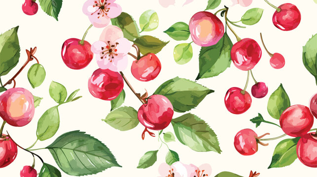 Seamless pattern with ripe cherry green leaves and