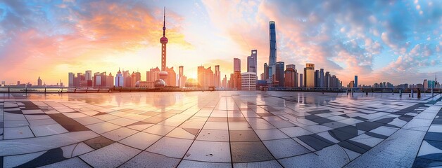 Empty square floor with city skyline background at sunset. High angle view of empty concrete...