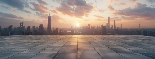 Empty square floor with city skyline background at sunset. High angle view of empty concrete...