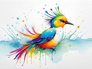 Obraz premium A bird composed of colored particles and lines, bird of paradise posing in various postures in colorful water, and an abstract painting composed of colored line backgrounds