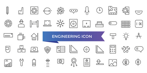 Engineering icon collection. Related to blueprint, engineer, tools, construction, mechanical, industrial, worker, engine icons. Line icon set.