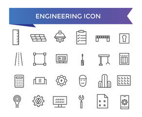 Engineering icon collection. Related to blueprint, engineer, tools, construction, mechanical, industrial, worker, engine icons. Line icon set.