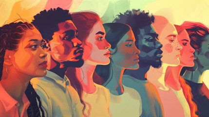 A captivating illustration that features a profile view of a group of diverse individuals, blending into one another with a warm, harmonious color palette.