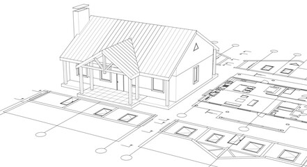 house project architectural sketch 3d - obrazy, fototapety, plakaty
