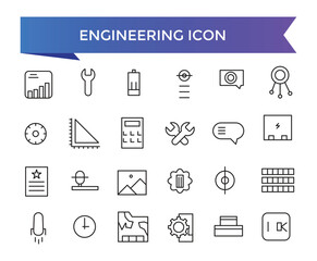 Engineering icon collection. Related to blueprint, engineer, tools, construction, mechanical, industrial, worker, engine icons. Line icon set.