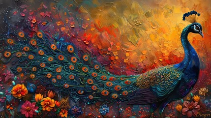 Indian peafowl displaying vibrant plumage in photorealistic tropical setting at evening - obrazy, fototapety, plakaty